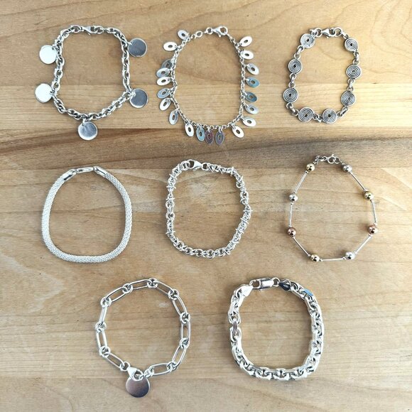 925 STERLING SILVER CHAIN CHARM BEADED BRACELETS - lot of 8 - 102g - Picture 1 of 12